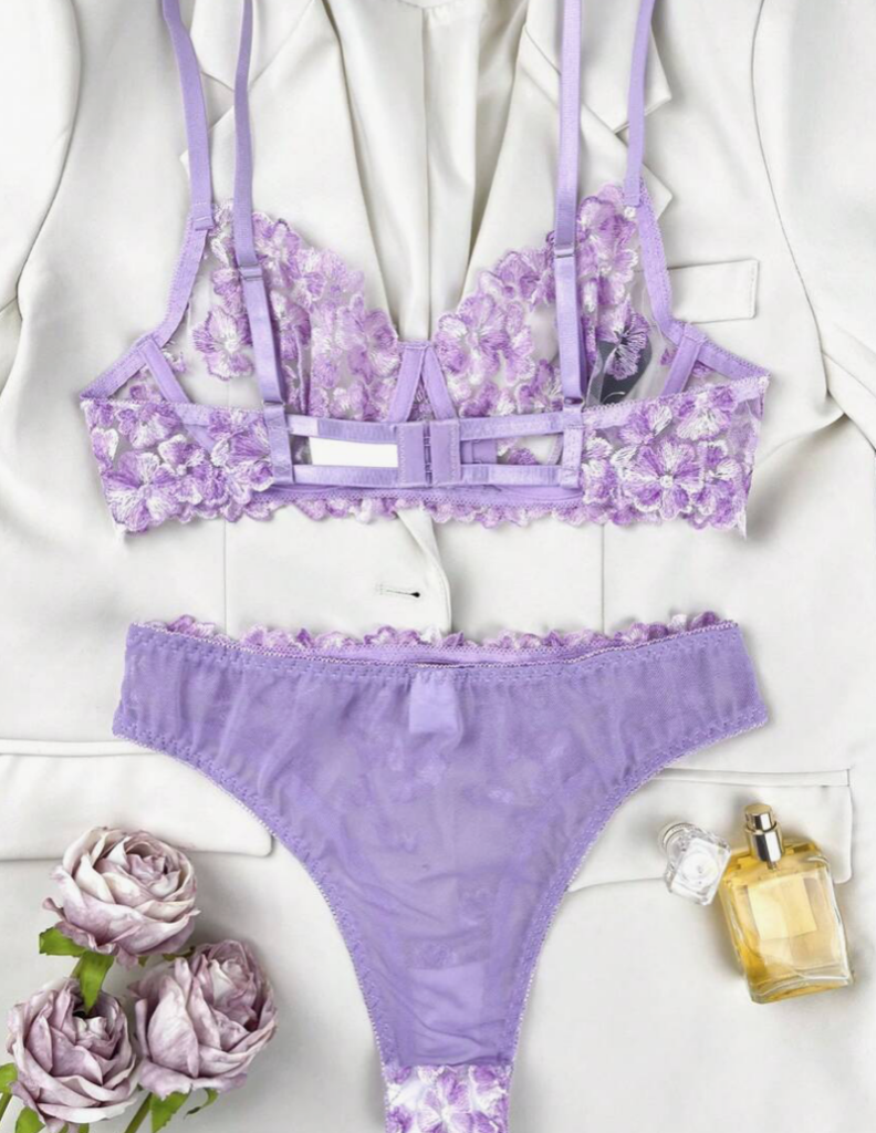 Floral Embroidered Mesh Bra And Panty - purple - large